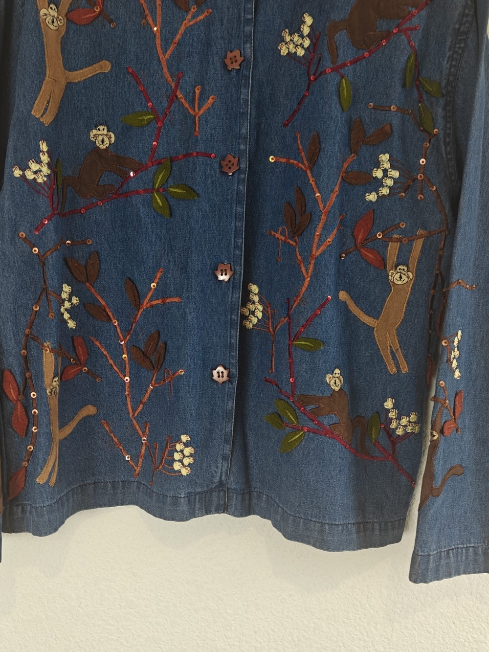 VTG 90s Tantrums Monkey Embroidered Denim Button Up Beaded Sequin Tree Cotton M - Picture 2 of 14